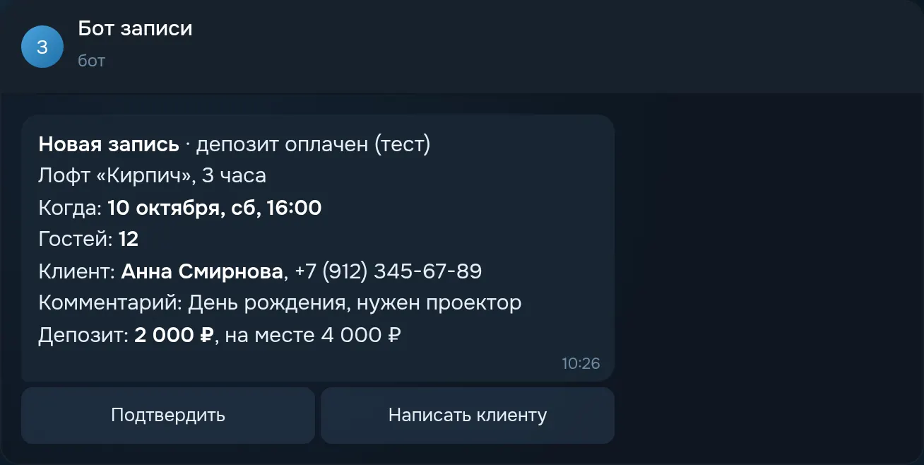 Макет уведомления владельцу в Telegram