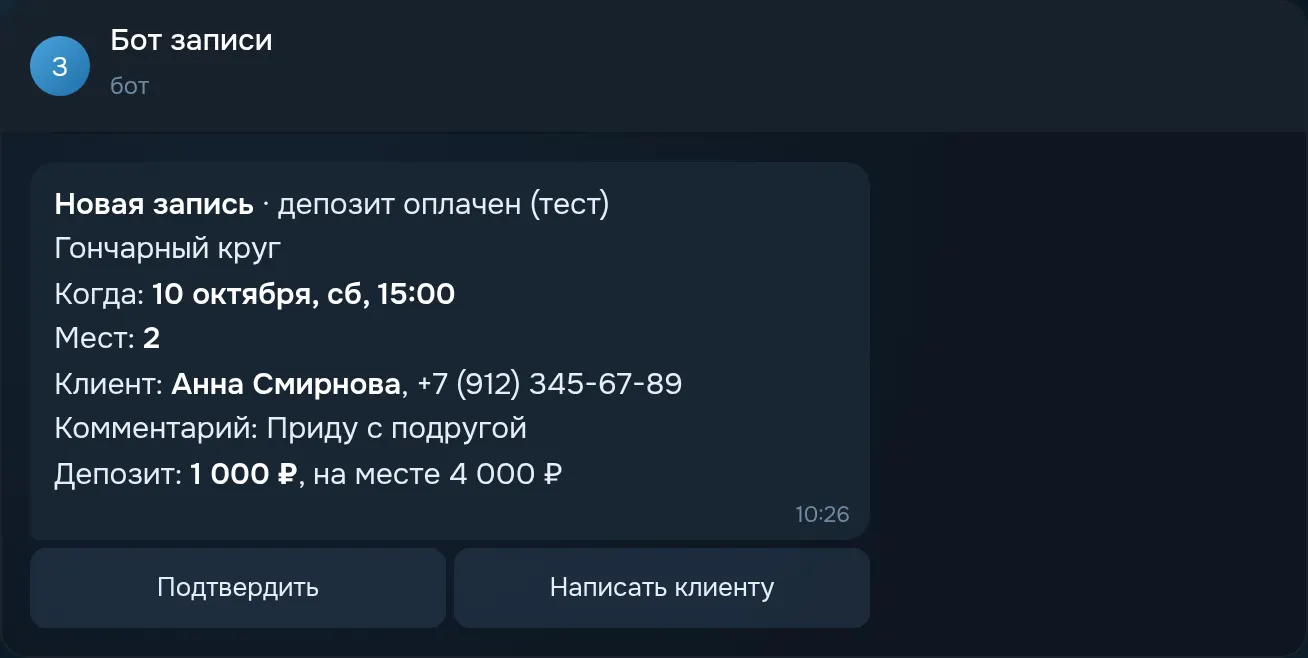 Макет уведомления владельцу в Telegram