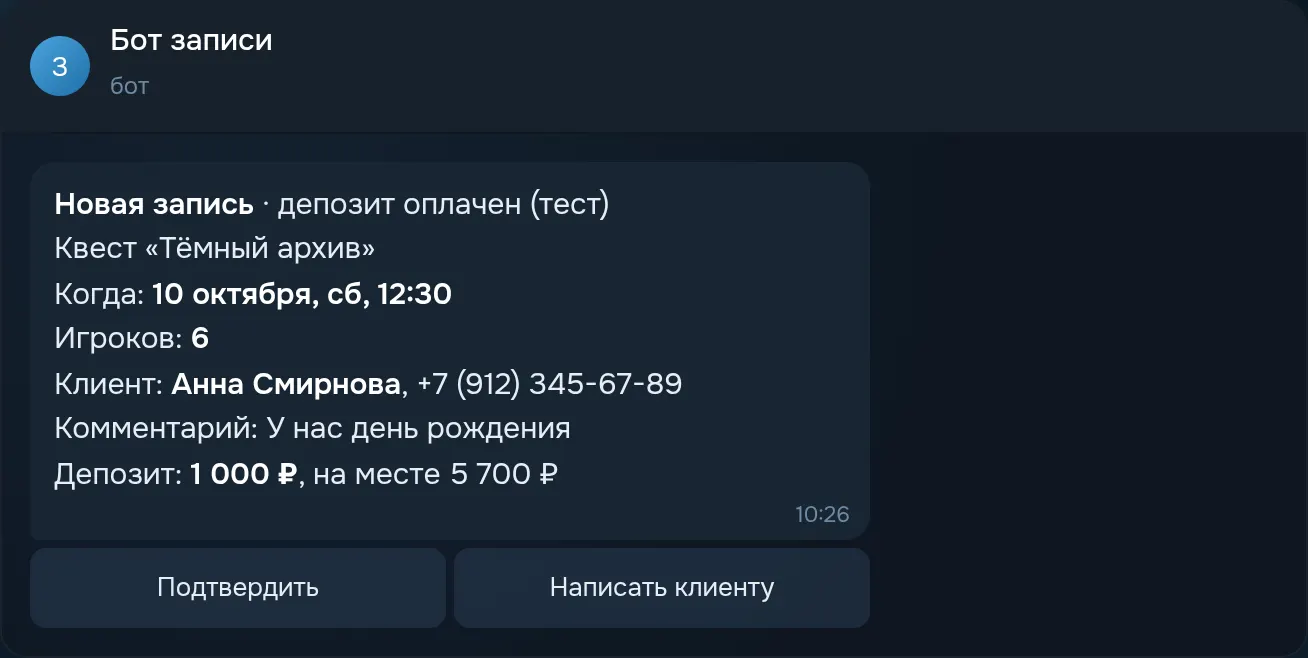 Макет уведомления владельцу в Telegram